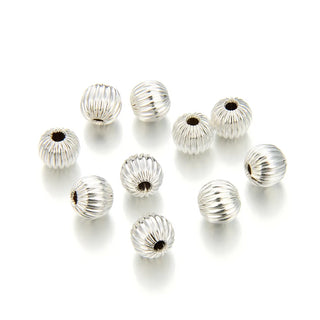 100pcs Sparkle Corrugated Melon Round Beads, Sterling Silver Plated Brass, Size Selections: 6mm/8mm/10mm