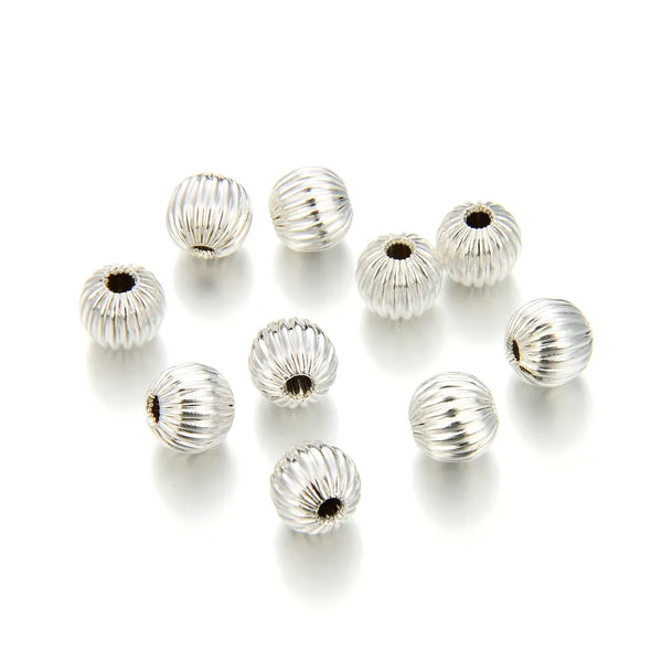 100pcs Sparkle Corrugated Melon Round Beads, Sterling Silver Plated Brass, Size Selections: 6mm/8mm/10mm