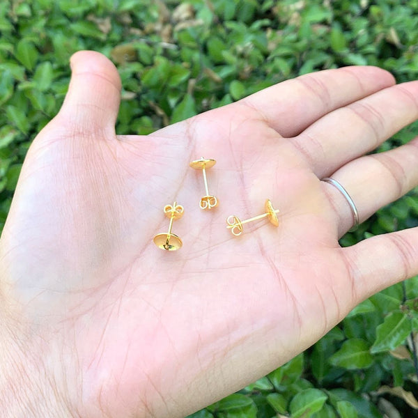 100pcs Earring Posts Glue In Settings, with 100pcs Earring Backs, 18K Yellow Gold Plated Brass, Cup Size Selections: 3mm/4mm/6mm/8mm