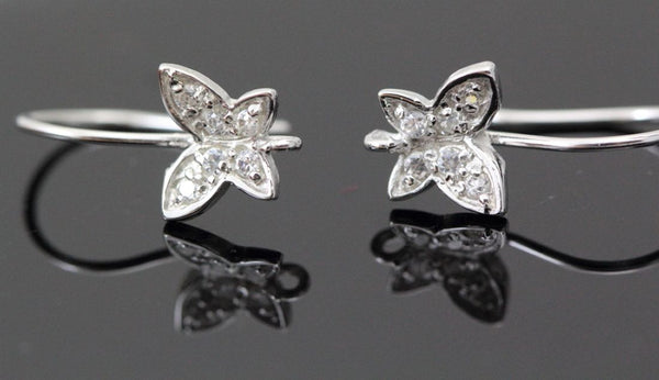 2 Pairs 925 Sterling Silver Fancy Butterfly Design Fish Earring Hooks, Cubic Zirconia CZ, Tarnish Resistant Rhodium Plated, 19mm, SS34