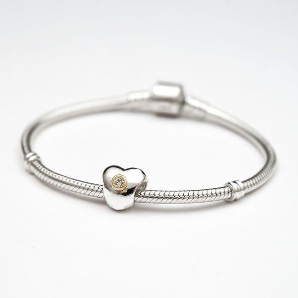 1pc Solid 925 Sterling Silver Heart Bead Charm Cubic Zirconia CZ, Compatible with Pandora All Other Charm Bracelet, EC10