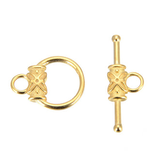 5 Sets Tarnish Resistant Flower Pattern Round Toggle Clasps, 18K Yellow Gold Plated Brass, 15mm, BF183-2