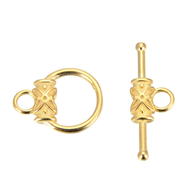 5 Sets Tarnish Resistant Flower Pattern Round Toggle Clasps, 18K Yellow Gold Plated Brass, 15mm, BF183-2