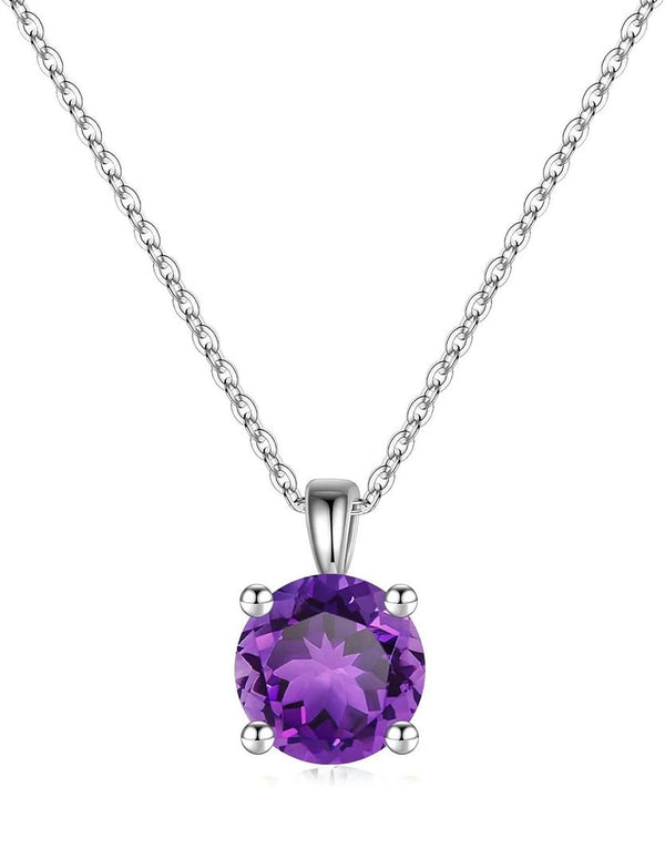 925 Sterling Silver February Birthstone Solitaire Necklace, 6mm/0.84 Carat Purple Amethyst Cubic Zirconia CZ, Length Selections: 16 inch/18 inch