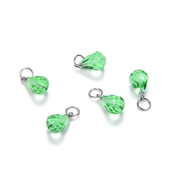 5pcs August Birthstone Charm Drops, 10mm Peridot Green Austrian Teardrop Crystal Beads, Sterling Silver Plated Open Jump Rings, BR6-8