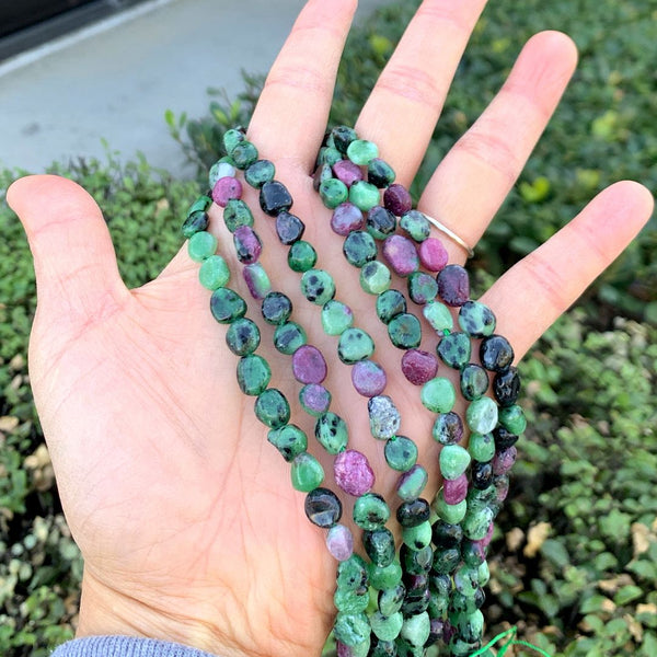 Natural Ruby Zoisite Gemstone Oval Tumbled Pebble Beads, Irregular, 5mm to 8mm, Hole ID 1mm, 15 Inch/1 Strand, GZ11-78