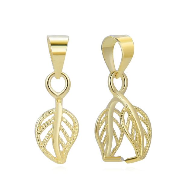 2pcs 925 Sterling Silver Leaf-Shaped Pinch Bail, Pendant Clasp, Real 18K Yellow Gold Plated, 17x6mm SS125-2