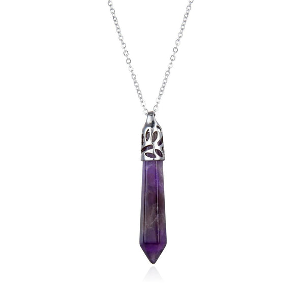 1pc Natural Purple Amethyst Crystal Hexagonal Pile Gemstone Pendant Necklace, 26 Inch Surgical Stainless Steel Chain, GGP-BB4