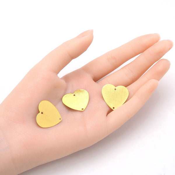 10pcs 23.5mm 2-Hole Valentine Heart Links, Tarnish Resistant, 18K Yellow Gold Plated Brushed Brass, BF-C5