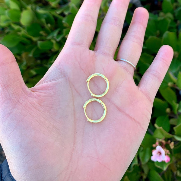 1 Pair Real 18K Yellow Gold Plated Sterling Silver Round Huggie Hoop Earrings, Pave Cubic Zirconia CZ, 15.5mm, SSE42-2