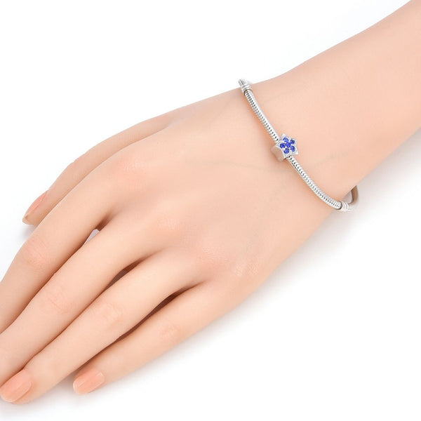 1pc 925 Sterling Silver Star Charm September Birthstone Bead Charm, Blue Sapphire Cubic Zirconia CZ, 10x9.5mm, Hole ID 4.5mm, EC1-K9