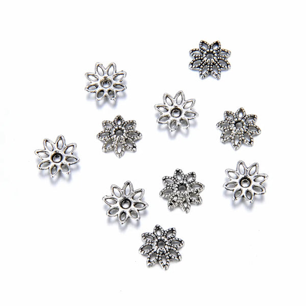 200pcs Textured Filigree Flower Bead Caps, 10mm Bead End Caps, Antique Silver, MC-AB9