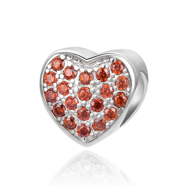 1pc 925 Sterling Silver Love Heart January Birthstone Bead Charm, Siam Red Garnet Cubic Zirconia CZ, 10mm, Hole ID 4.5mm, EC1-L1