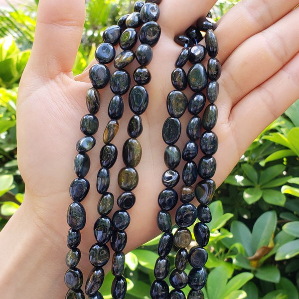 Natural Blue Tiger Eye Gemstone Oval Tumbled Pebble Beads, Irregular, 8mm to 11mm, Hole ID 1mm, 15 Inch/1 Strand, GZ12-28