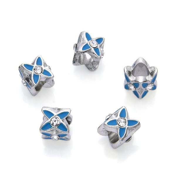 20pcs Sparkle Rhinestone Blue Enamel Flower Large Hole Beads, Hole ID 4.5mm, Antique Silver, Zinc Alloy Metal, MEC-E5