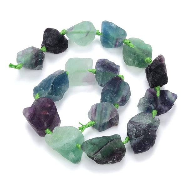 Natural Raw Purple Green Fluorite Crystal Gemstone Beads, Large Drilled Rough Nugget Stone,15 Inch GA-C9