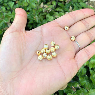 50pcs Tarnish Resistant Corrugated Melon Round Beads, 18K Yellow Gold Plated Brass, Size Selections: 6mm/8mm/10mm