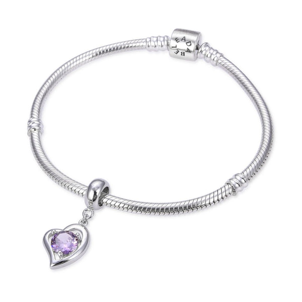 1pc 925 Sterling Silver Love Heart February Birthstone Charm Drop, Purple Amethyst Cubic Zirconia CZ, 26mm (1 inch) Long, Hole ID 4.5mm, EC1-E2