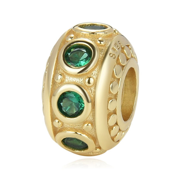 1pc Real Gold Plated 925 Sterling Silver May Birthstone Bead Charm, Green Emerald Cubic Zirconia CZ, 11x6.8mm, Hole ID 4.5mm, EC1-B5
