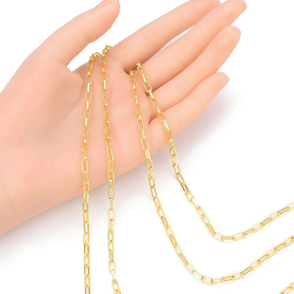 16.5 Feet Tarnish Resistant Paperclip Cable Chain Link, 18K Yellow Gold Plated Brass, Size Selections: 6.7x2.3mm, 7.4x3.4mm, 9.6x3.5mm