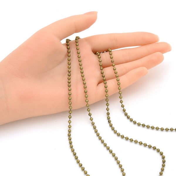 33 Feet Beaded Round Ball Chain, Antique Bronze Plated Brass, Chain Width Selections: 1mm/2mm/3mm