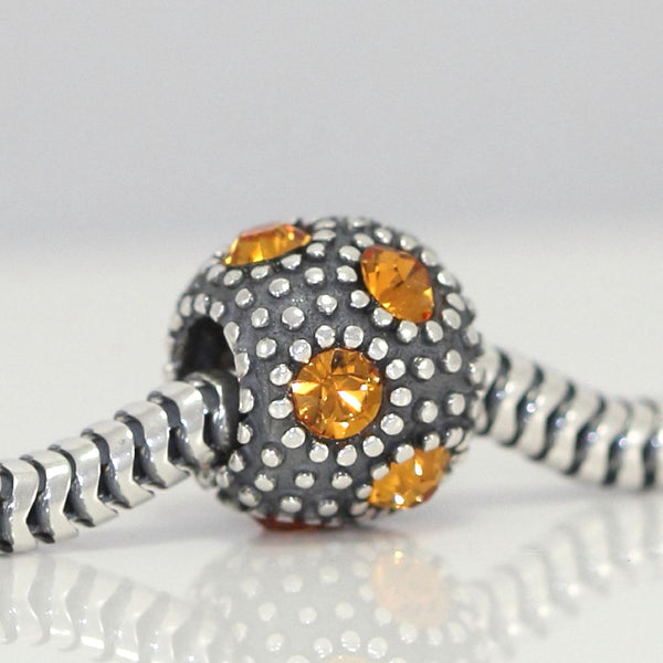 1pc 925 Sterling Silver November Birthstone Bead Charm, Yellow Topaz Cubic Zirconia CZ, 10.3x9mm, Hole ID 4.5mm, EC1-M11