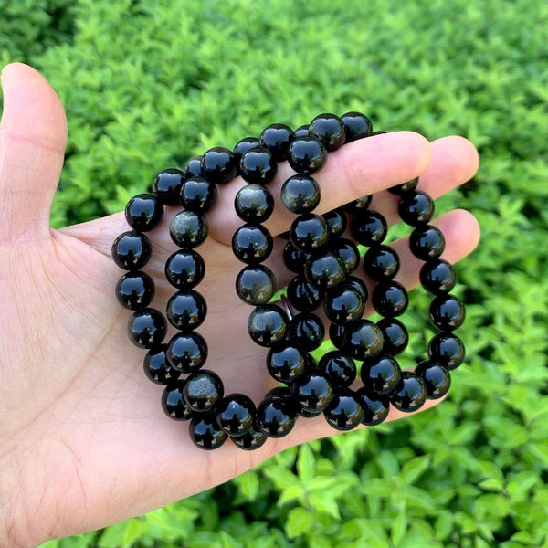 1 Strand Stretch Natural Gold Sheen Obsidian Beaded Gemstone Bracelet, 10mm Bead, Length Selections: 7 inch/7.5 inch/8 inch/8.5 inch