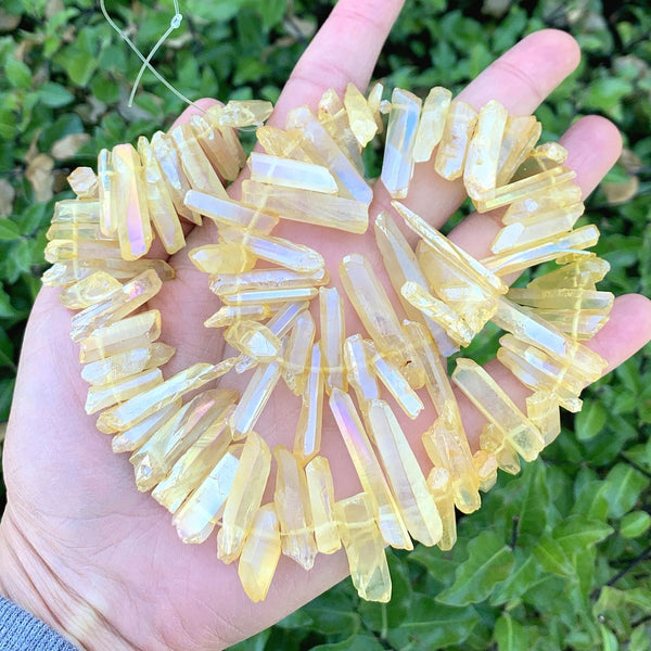 1 Strand Natural Raw Crystal Quartz Gemstone Beads, Small Drilled Stone Points, Topaz Yellow AB Titanium Coated Stone Stick, 15 Inch, GA11