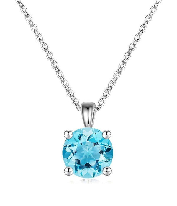 925 Sterling Silver March Birthstone Solitaire Necklace, 8mm/2 Carat Blue Aquamarine Cubic Zirconia CZ, Length Selections: 16 inch/18 inch