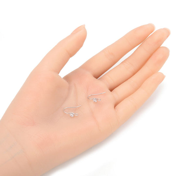 4pcs 925 Sterling Silver Fancy Earring Hooks, 3mm Cubic Zirconia CZ, Tarnish Resistant Rhodium Plated, 17mm, SS470