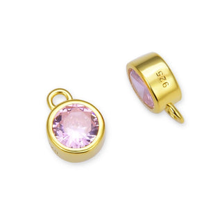 2pcs 925 Sterling Silver 6mm October Birthstone Charm Drop Pendants, Real 18K Yellow Gold Plated, Pink Tourmaline Cubic Zirconia Gemstone, SXP7-10