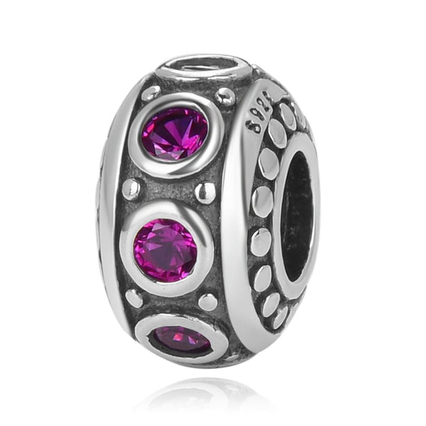 1pc 925 Sterling Silver July Birthstone Bead Charm, Red Ruby Cubic Zirconia CZ, 11x6.8mm, Hole ID 4.5mm, EC1-A7