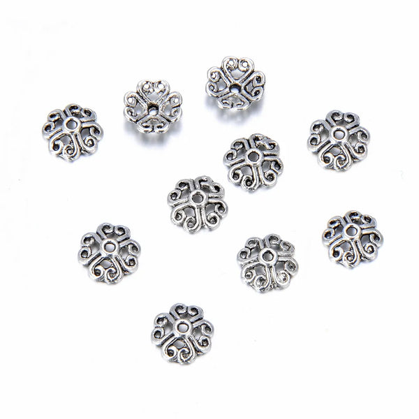 200pcs Heart Petal Flower Bead Caps, 8mm Bead End Caps, Antique Silver, MC-AB11