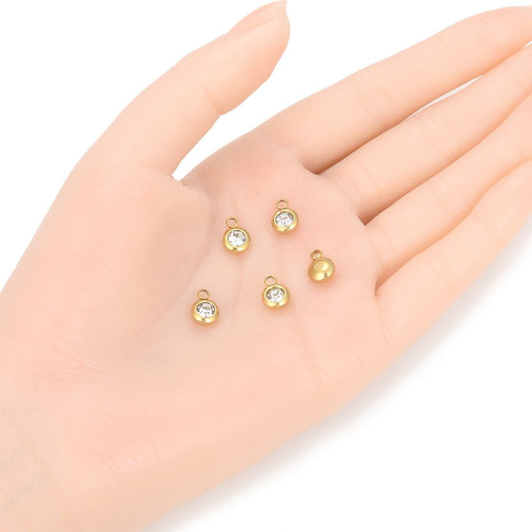 10pcs Grade A April Crystal Clear Birthstone Charm Drops, 18K Yellow Gold Plated Stainless Steel, Tarnish Resistant, 6mm, CCP33-4