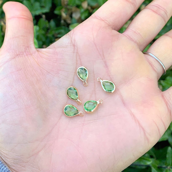 10pcs Grade A August Peridot Green Teardrop Birthstone Charm Drop, 18K Yellow Gold Plated Brass, Size Selections: 11x7mm, 14x8mm, 16x9mm