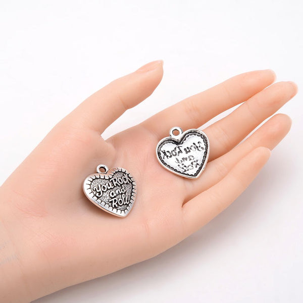 20pcs You Rock Heart Charms, 30.3mm Large One Sided Heart Drop Pendants, Antique Silver, MC-D11