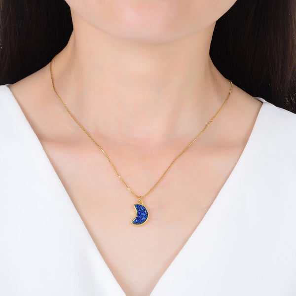 1pc Natural Druzy Crystal Pendant Necklace, Purple Blue Moon Drop Small Gemstone Pendant, 18 inch Gold Plated Stainless Steel Chain, GGP28-6