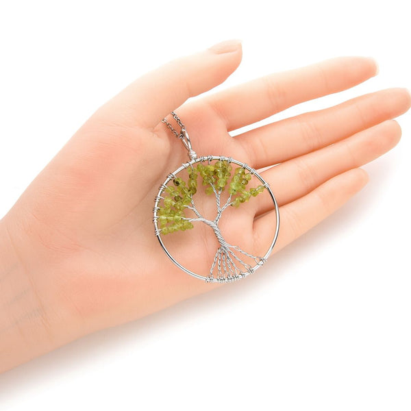 1pc Tree of Life Prosperity Necklace, Natural Green Peridot Gemstone Pendant, 26 inch Surgical Stainless Steel Chain, GGP9-13