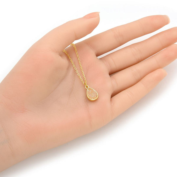 1pc Natural Druzy Crystal Pendant Necklace, Clear AB Teardrop Small Tiny Gemstone Pendant, 18 inch Gold Plated Stainless Steel Chain, GGP26-5