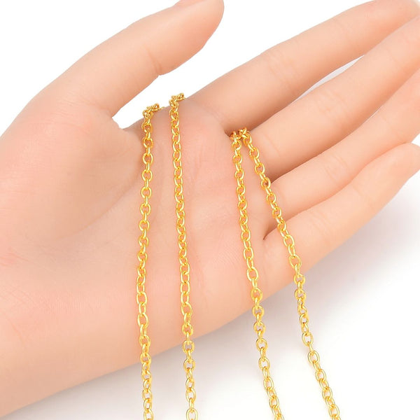 16.5 Feet Tarnish Resistant Oval Ring Rolo Cable Chain Link, 18K Yellow Gold Plated Brass, Size Selections: 3x2.5mm, 3.5x3mm, 4.3x3.3mm