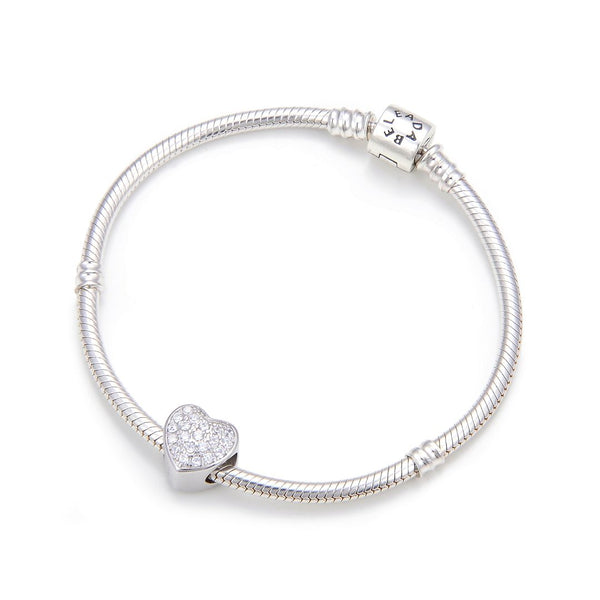 1pc 925 Sterling Silver Love Heart April Birthstone Bead Charm, Diamond Clear Cubic Zirconia CZ, 10mm, Hole ID 4.5mm, EC1-L4