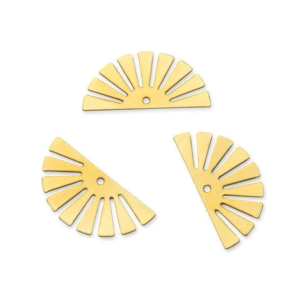 10pcs 24.5mm Half Round Semicircle Fan Drop Pendants, Tarnish Resistant, 18K Yellow Gold Plated Brass, BFW-A29