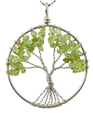 1pc Tree of Life Prosperity Necklace, Natural Green Peridot Gemstone Pendant, 26 inch Surgical Stainless Steel Chain, GGP9-13
