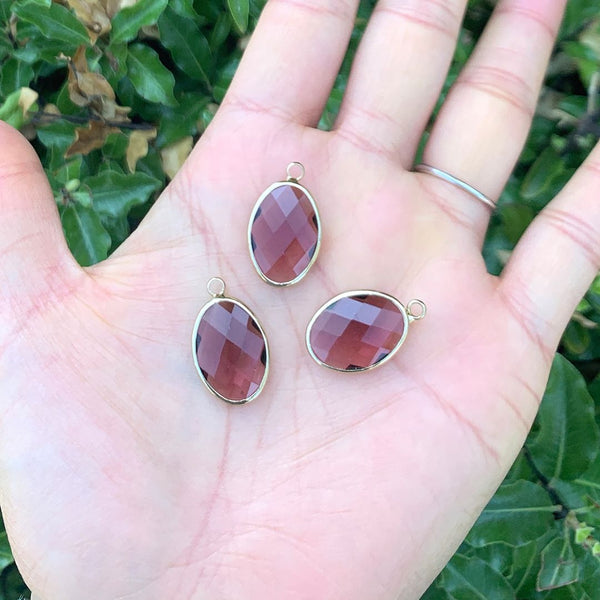 10pcs Grade A February Amethyst Purple Oval Birthstone Charm Drops, 18K Yellow Gold Plated Brass, 18x13mm, CCP6-G2