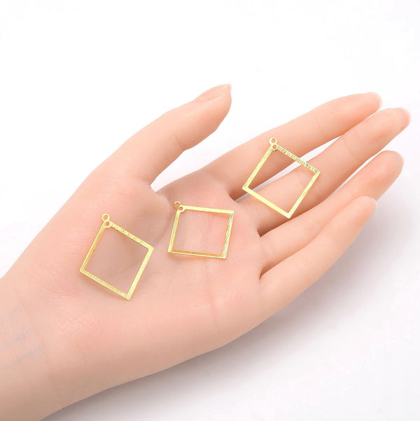 10pcs 22mm 2-Hole Square Drop Pendants, Tarnish Resistant, 18K Yellow Gold Plated Brushed Brass, BF-A2