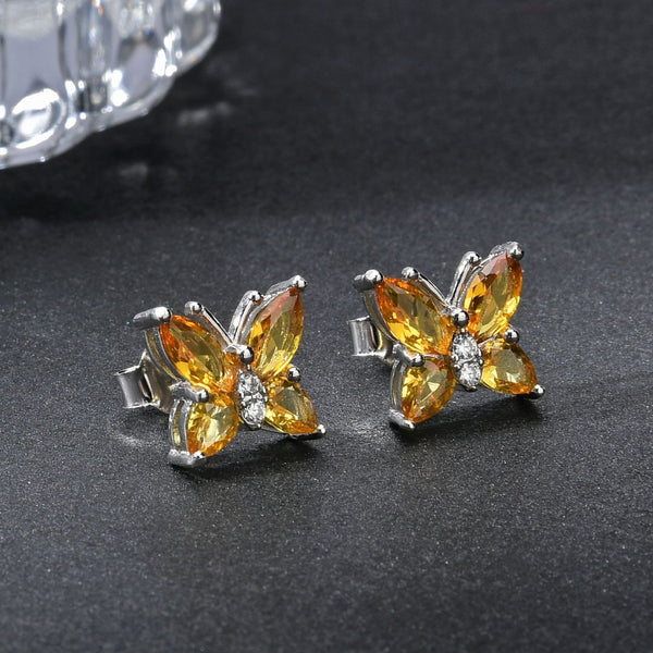 1 Pair 925 Sterling Silver November Birthstone Butterfly Stud Earrings, 10mm, Cubic Zirconia CZ Yellow Topaz Stone, SSE83-11