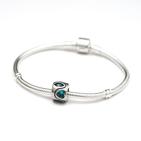 1pc Real 925 Sterling Silver Heart Bead, March Birthstone Charm Cubic Zirconia CZ Blue Aquamarine Gemstone, Compatible with Pandora all Other Charm Bracelets, EC620