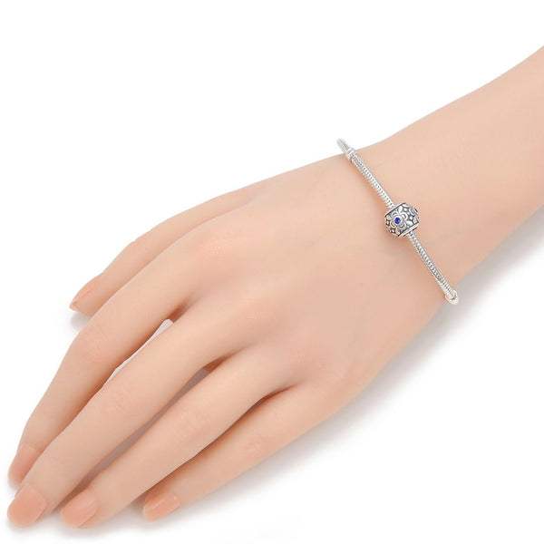 1pc 925 Sterling Silver Round Flower Pattern September Birthstone Bead Charm, Blue Sapphire Cubic Zirconia CZ, 11.2x9.5mm, Hole ID 4.5mm, EC1-G9