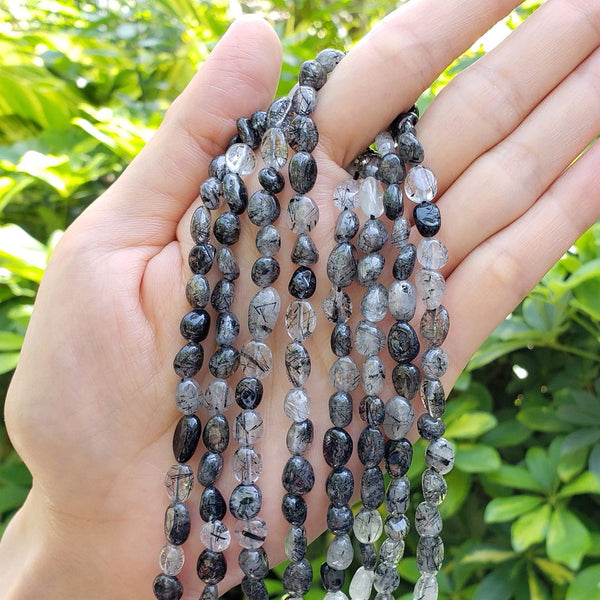 Natural Grade A Black Quartz Rutilated Gemstone Oval Tumbled Pebble Beads, Irregular, 6mm to 8mm, Hole ID 1mm, 15 Inch/1 Strand, GZ11-9