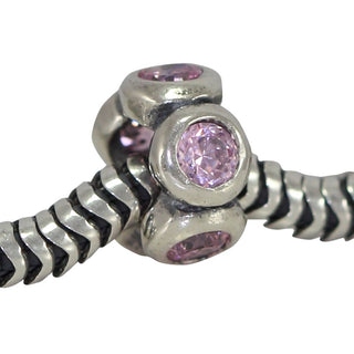 Real 925 Sterling Silver Charm, October Birthstone Spacer Bead, Cubic Zirconia CZ Diamond Pink...